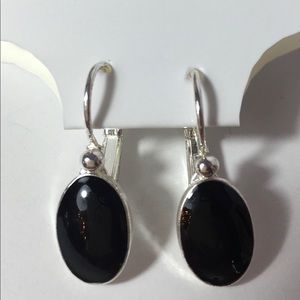 Silver tone and black stone clip on earrings
